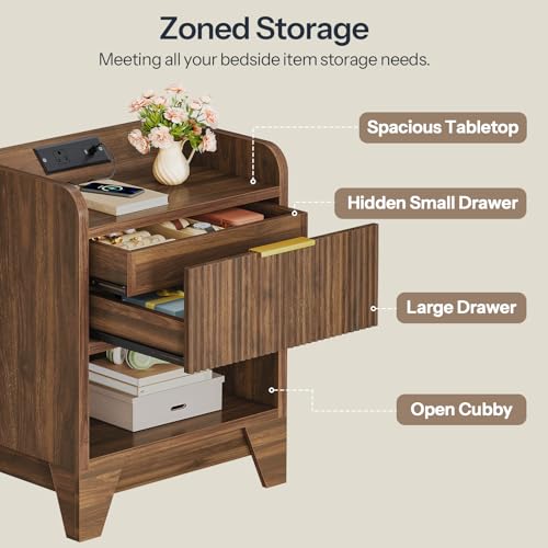 HOOBRO Fluted Nightstand with Charging Station, End Table with Hidden Drawer, Modern Bedside Table, Wooden Night Stand for Bedroom, Study, Dark Walnut WL351UBZ01 HOOBRO