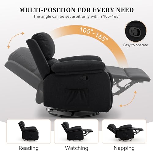Korser Recliner Chair, 360 Swivel Rocker Chair for Adults, Small Rocking Recliner for Small Spaces, Upholstered Fabric Glider Recliner Nursery (Swivel Rocker Recliner, Charcoal Black)