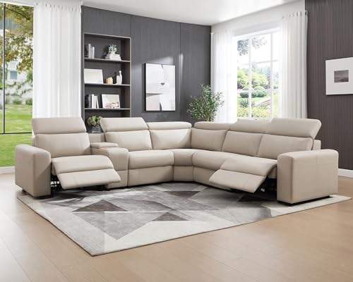 AMERLIFE Power Recliner Sectional Sofa with Storage/USB Port, Leather Recliner Sofa with Adjustable Headrest, Reclining Sectional Couches with Console and Cup Holder for Living Room (Beige Brown)