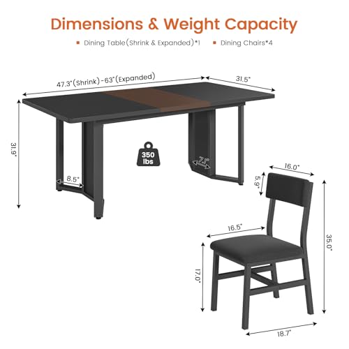 Itaar 5-Piece Dining Table Set for 4-6 People, 63" Extendable Kitchen Table and 4 Cushion Chairs, Dining Room Table with MDF Board & Metal Frame for Small Space, Easy Clean, Black Itaar