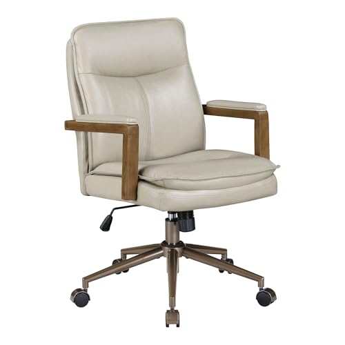 OSP Home Furnishings Woodlands Adjustable Height and Tilt, Swivel Home Office Chair with Padded Wood Arms, Taupe Faux Leather OSP Home Furnishings