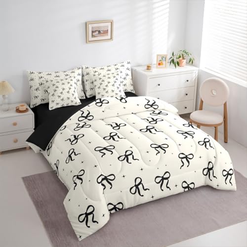 Erosebridal Black and Beige Bow Comforter Set with Sheets Teen Girls Coquette Bow Queen Size Bedding Modern Fashion Bed in A Bag 7-Piece for Women Minimalists Aesthetic Bowknot Bed Collections Erosebridal