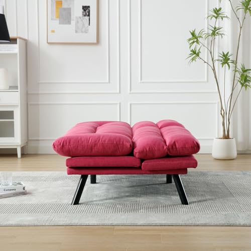 WDYLWFHW Convertible Futon Sofa Bed, Linen Folding Loveseat Couch with Adjustable Backrest and Wooden Legs,Double Sleeper Sofa Couches for Small Spaces Living Rooms Apartment Office (Rose Red) WDYLWFHW