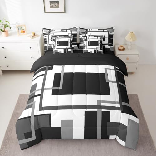 Erosebridal 7Pcs Black and White King Comforter Set for Minimalist,Black Gray Modern Geometric Bed in A Bag,Abstract Geometric Modern Bedding with Bed Sheets,Mid Century Modern Fashion Quilt Erosebridal