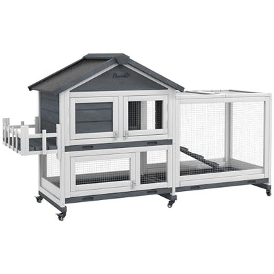 PawHut 65" Wooden Rabbit Hutch, Guinea Pig Hutch, Pet Playpen with Openable Roof, Bunny House Enclosure with Wheels, Storage Box, Slide-Out Tray, Ramp for Small Animals, Gray