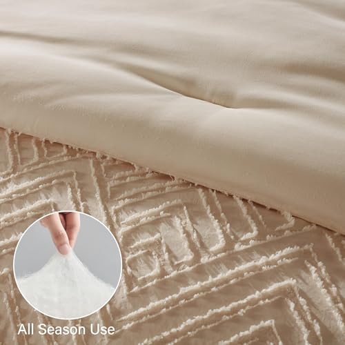 Zzlpp King Size Comforter Set 7 Pieces, Beige Tufted Bed in a Bag with Comforter and Sheets, All Season Boho Bedding Sets with 1 Comforter, 2 Pillow Shams, 2 Pillowcases, 1 Flat Sheet, 1 Fitted Sheet Zzlpp