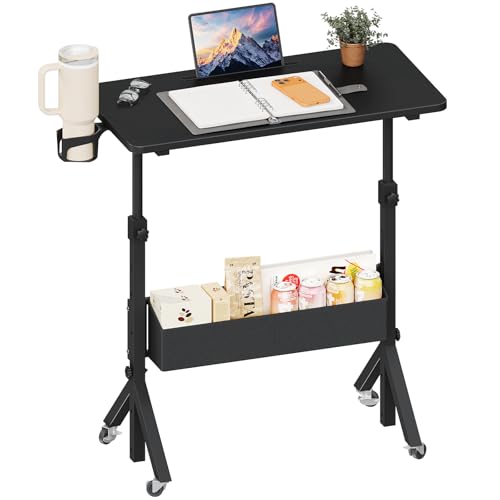 ErGear Mobile Standing Desk with Wheels, Adjustable Height 28.3″ to 46.3″, Rolling Laptop Cart with Cup Holder, Storage Basket, Computer & Pen Slot, Home Office Stand Up Desk, Black (31.5″ x 15.75″) ErGear