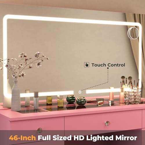 Furnivado Vanity Mirror with Lights, Vanity with Lighted Mirror, 11 Drawers Makeup Vanity Desk with 3 Lighting Modes Adjustable Brightness, Pink Vanity with Glass Top for Bedroom Furnivado