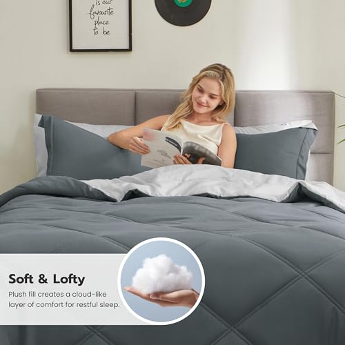 Joiedomi King Size Comforter Set with Sheets Dark Grey, 7 Pieces King Bedding Set with 1 Down Alternative Comforter, 1 Flat Sheet, 1 Fitted Sheet, 2 Pillowcases and 2 Pillow Shams, Bed in a Bag Joiedomi
