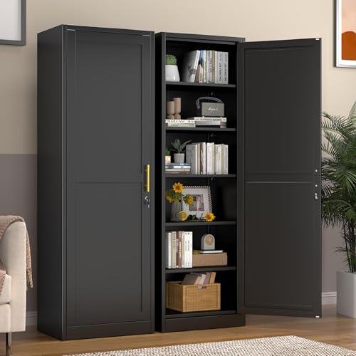 risuoge Metal Locker Cabinet, 19.7’’W Narrow Lockable Single Bathroom Storage Cabinet, File Cabinet with Lock and Adjustable Shelves for Living Room, Home Office, Kitchen, Black risuoge