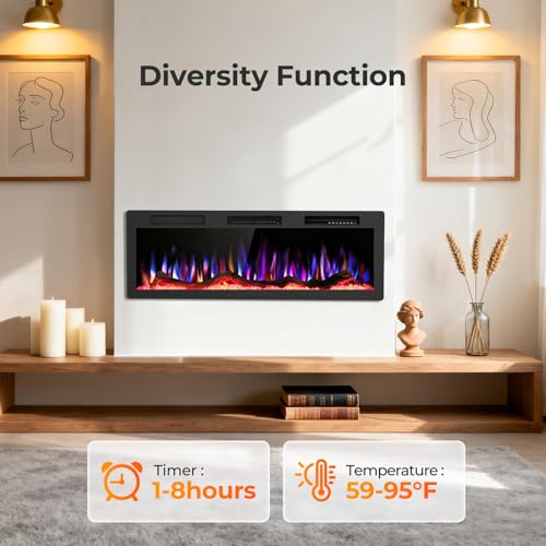 R.W.FLAME 50" Recessed and Wall Mounted Smart Electric Fireplace, Alexa/WiFi Enabled, APP Control with Multiple Sound Modes, Remote Control with Timer, Adjustable Flame Colors and Speed R.W.FLAME