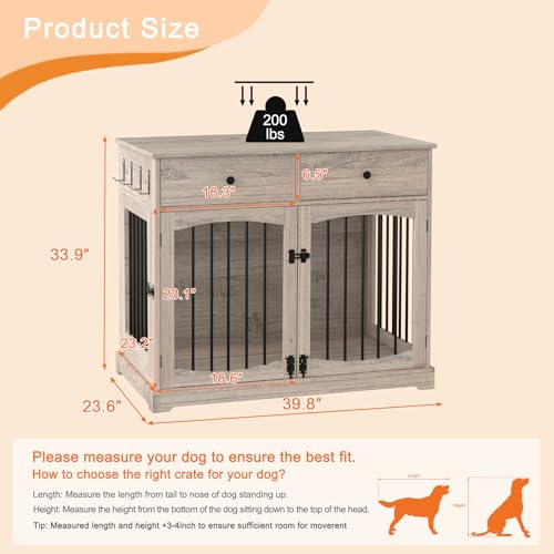 BREEZEHEAT 40 inch Dog Crate Furniture-Farmhouse Dog Kennel with Drawers-End Table Wooden Pet Crate, Double Door Design, Decorative Dog House Indoor for Small Medium Large Dog, Oak Grey BREEZEHEAT