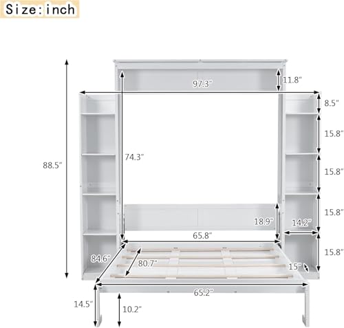 Queen Murphy Bed with Storage Shelves and LED Lights, Wood White Murphy Wall Bed Cabinet with Bookcase Bookshelf for Adults MERITLINE