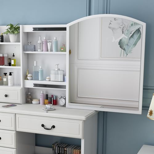 Runboll Elegant Vanity Desk with Lighted Mirror, 6 Drawer White Dressing Table Set for Bedroom, Features Adjustable 3-Color LED Lights, Perfect Makeup Vanity with Storage Runboll