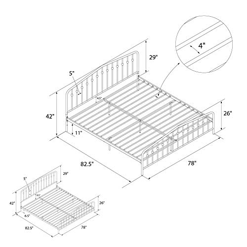 Novogratz Bushwick Modern Metal Bed, Slightly Triangular Headboard and Footboard with Inset Spindles, Adjustable Base Height for Underbed Storage, Requires No Box Spring, King Size - Black Novogratz