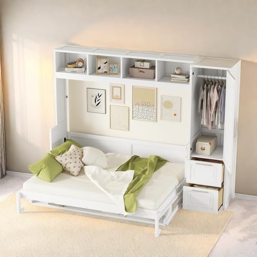 SOFTSEA Queen Size Horizontal Murphy Bed, Queen Murphy Bed with Desk Wardrobe Storage Shelf, Hideaway Wall Bed Frame with Drawers Space-Saving for Guest Room Bedroom or Office, White SOFTSEA
