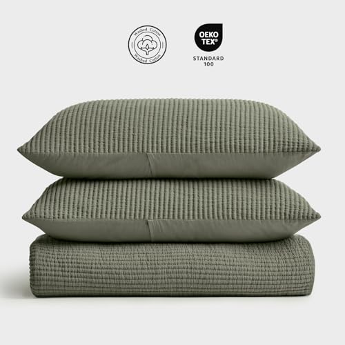 EVERGRACEHOME Cotton Coverlet Set King Size 3 Pieces, Lightweight Soft Ribbed Matelassé Bedspread Quilt Set, Cozy Oversized Quilted Bedding Set with 2 Pillow Shams for All Seasons, Olive Green EVERGRACEHOME