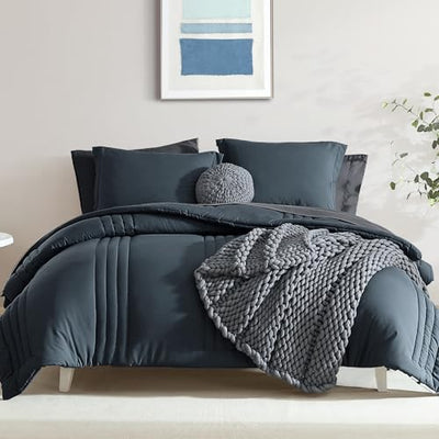Monbix Queen Comforter Set - 7 Pieces Blue Gray Bed in a Bag Queen Bedding Sets with Comforters, All Seasons Comforter Bed Set with Sheets,Pillowcases & Shams