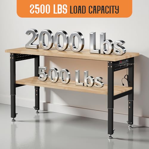 SPECRAFT 48"x20" 2-Tier Adjustable Workbench with 4 AC Outlet and 2 USB Ports Power Outlets, 2500 Lbs Capacity Heavy Duty Workbench, Rubber Wood Top for Garage, Workshop, Office SPECRAFT