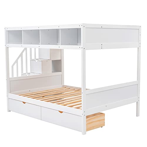 Harper & Bright Designs Twin Over Full Bunk Bed with Storage Shelves, Stairs, Solid Wood Staiway Bunk Bed Frame with 2 Drawers, for Kids Teens Adults (White) Harper & Bright Designs