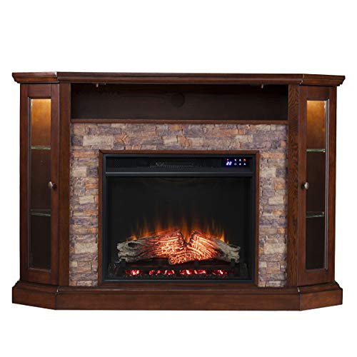 SEI Furniture Redden Faux Stone Corner Convertible Electric Fireplace with Media Storage, New Espresso SEI Furniture