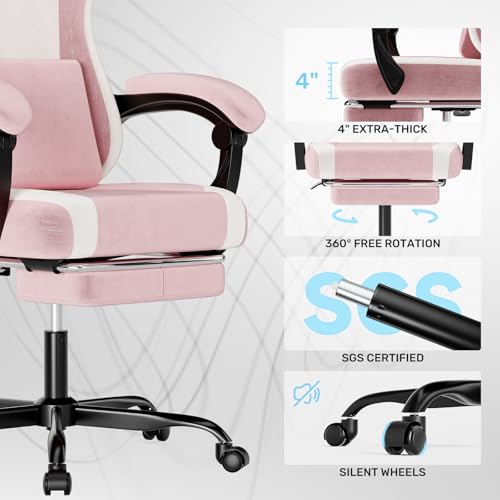 SUKIDA Plush Fabric Gaming Executive Office Chair, Ergonomic High-Back Computer Desk Chair with Large Adjustable Lumbar Support, Headrest and Linked Armrests for Long Hours Sitting Task Chair, Pink SUKIDA
