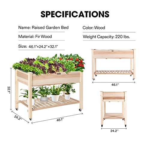 VIVOSUN Elevated Wooden Raised Garden Bed, 46 x 24 x 32 Inches, Mobile Outdoor Planter Box with Storage Shelf and Protective Liner for Outdoor Use, with Lockable Wheels VIVOSUN