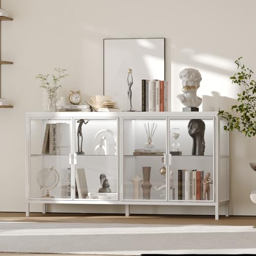 FUNISIR Buffet Cabinet with Storage & LED Light, 55.1" Large Kitchen Sideboard with 4 Glass Doors, Modern Coffee Bar with Metal Frame, Console Table for Living Room, Dining Room, White FUNISIR