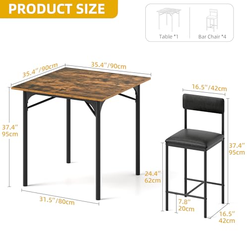 DWVO 5-Piece Dining Room Table Set Bar Table and Chairs Set Counter Height Dining Table Set Industrial High Top Kitchen Table with 4 Barstools for Kitchen Living Room Restaurant Bar Small Spaces Brown DWVO