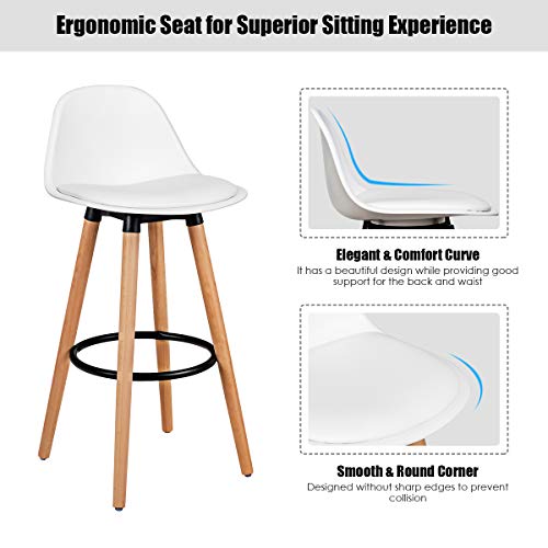 COSTWAY Bar Stools Set of 2, Modern Armless Kitchen Stool with Soft PU Leather Seat, Bar Height Stool with Round Metal Footrest & Comfortable Curved Backrest for Home, Dining Hall (White, 2) COSTWAY