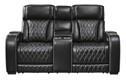 Signature Design by Ashley Boyington Modern Leather Match Power Reclining Loveseat with Console, Adjustable Headrest, Massage, Heated Seat and LED Lights, Black Signature Design by Ashley