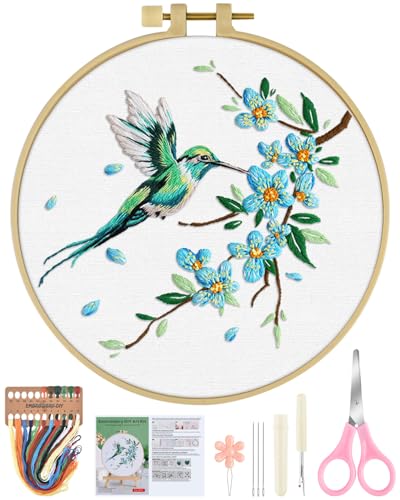 ERKOON Embroidery Kit for Beginners, Hummingbird and Flower Cross Stitch Set for Include Embroidery Cloth Hoops Threads for Craft Lover Hand Stitch with Embroidery Skill Techniques (Green Hummingbird)