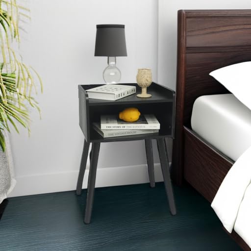MaxSmeo Nightstand, Mid Century Modern Side Table Bedroom with Storage, Small End Bedside Table with Solid Wood Legs for Living Room, Office Small Spaces (Black) MaxSmeo