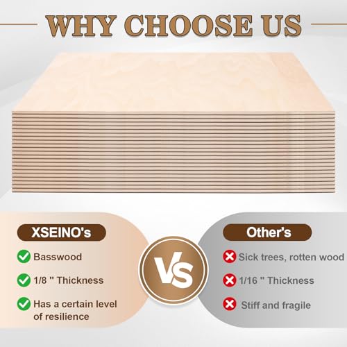 60 Pack Basswood Sheets for Laser Cutting, 12 x 12 x 1/8 Inch, Unfinished Squares Wood Sheets for Crafts - Smooth Surface Plywood for Wood Burning, Engraving, Architectural Models, Painting & Staining XSEINO