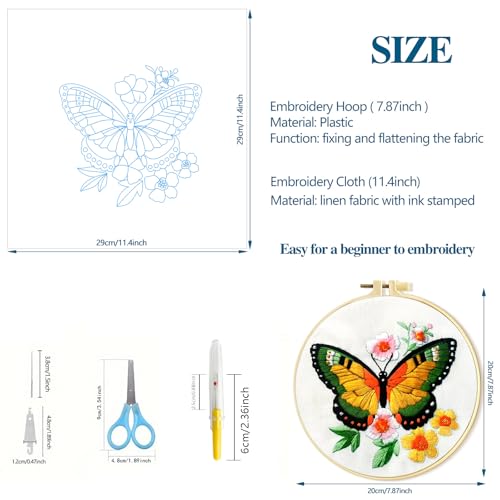 Zhenqing Butterfly Embroidery Kit 11.4x11.4 Inch - Complete Embroidery Set with Fabric, Threads, Needles & Hoop - Beginner-Friendly DIY Craft Kit for Adults (C0040)