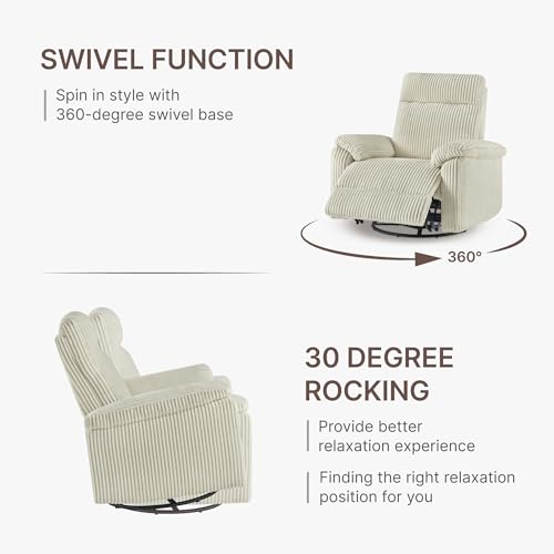 KISLOT Swivel Rocker Recliner for Adults, Corduroy 360 Degree Swivel Glider Recliner Manual 3-Position Adjustable Easy Assembly for Small Space Living Room Nursery Bedroom