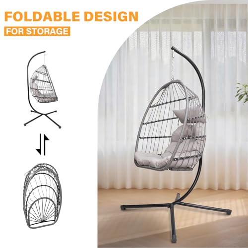 Hanging Egg Chair with Stand, Patio Wicker Hammock Egg Swing Chair with Cushion for Bedroom Garden Indoor Outdoor SZHLUX