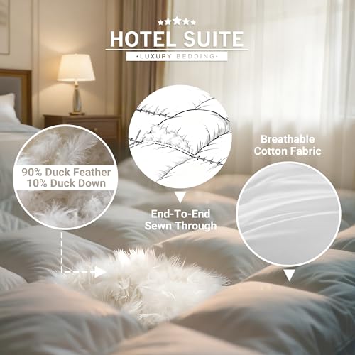 Hotel Suite Luxurious Feather and Down Comforter Duvet Insert Full/Queen Size, 100% Cotton Cover, Hotel Collection Quilts, 56 oz Fill Weight, All Season Medium Warmth 88 x 88 Inch White Hotel Suite