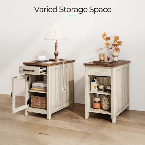 LINSY HOME Farmhouse End Table with Charging Station, Narrow Side Table for Living Room, Sofa Side Table with Drawer and Storage Cabinet, Small Nightstand for Bedroom LINSY HOME