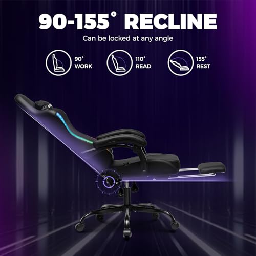 GTPLAYER RGB Gaming Chair with Footrest, Computer Gaming Chair with LED Lights for Adults, Height Adjustable PC Gamer Chair with 90-155° Recline & Removable Headrest Lumbar Support, RGB Black GTPLAYER