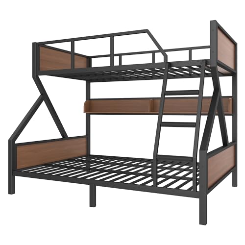 Bellemave Full XL Over Queen Size Bunk Bed with Storage Shelves and LED Lights,Heavy Duty Adult Bunk Beds with Angled Ladder,Metal Queen Bunk Bed,Black Bellemave