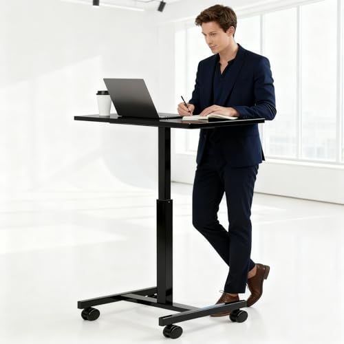 SageNest Adjustable Mobile Standing Desk, Rolling Sit-Stand Laptop Desk with Locking Wheels, Compact Portable Computer Table for Home Office or Dorm, Black SageNest