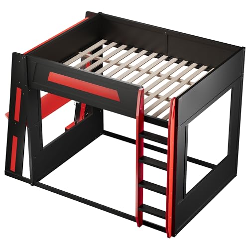 SOFTSEA Queen Size Gaming Bunk Bed with Desk, Storage Shelves, LED Lights & USB Ports, Wood Loft Bunk Bed with Desk and Ladder for Kids, Teens & Adults, Space-Saving, Black & Red SOFTSEA
