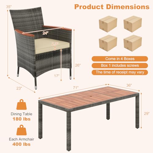 HAPPYGRILL 9 Pieces Outdoor Dining Set, Acacia Wood and Rattan Furniture Set with 1 Large Rectangular Table and 8 Chairs with Cushions, Patio Wicker Dining Table and Chairs Set HAPPYGRILL