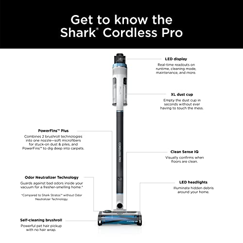 Shark IZ562H Cordless Pro Vacuum with Clean Sense IQ and Odor Neutralizer, PowerFins Plus Brushroll, Includes Duster Crevice & Pet Tool, Up to 40 Minute Runtime, Light Blue, Without MultiFLEX Shark