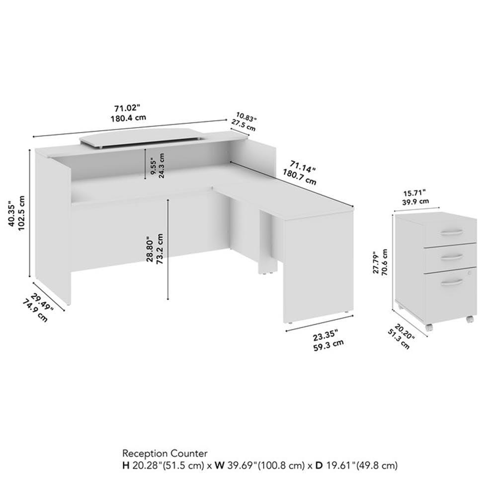 Bush Business Furniture Arrive 72W x 72D L Shaped Reception Desk with Counter and Mobile File Cabinet in Storm Gray Bush Furniture