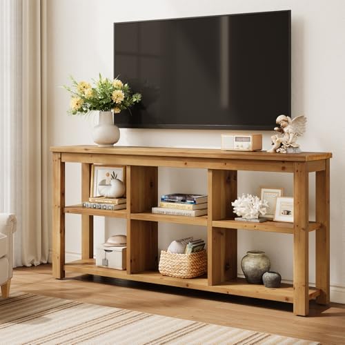 TRIBEWOOD 63-Inch Solid Wood Console Table for Entryway, 3-Tier Long Farmhouse Sofa Table with 6 Storage Cubes for Living Room, Hallway, Brown TRIBEWOOD