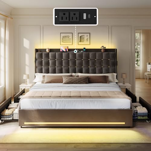 YITAHOME King Size Bed Frame with 4 Drawers and RGB LED Lights, Velvet Upholstered Platform Bed with Charging Station and Storage Headboard, No Box Spring Needed, Easy Assembly, Noise-Free, Grey YITAHOME