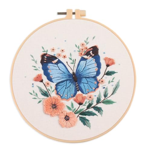 IUHUI Embroidery Kit for Beginners Adults - Spring Arrives with Blooming Beauty Easy Patterns, DIY Hand Stitching Embroidery Set with Hoop (Blue Butterfly Flowers)