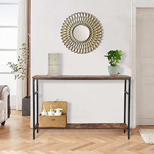Timberer Rustic Brown Narrow Console Table with Adjustable Shelf - 47 Inch Multifunctional 2-Tier Hallway & Living Room Table Timberer